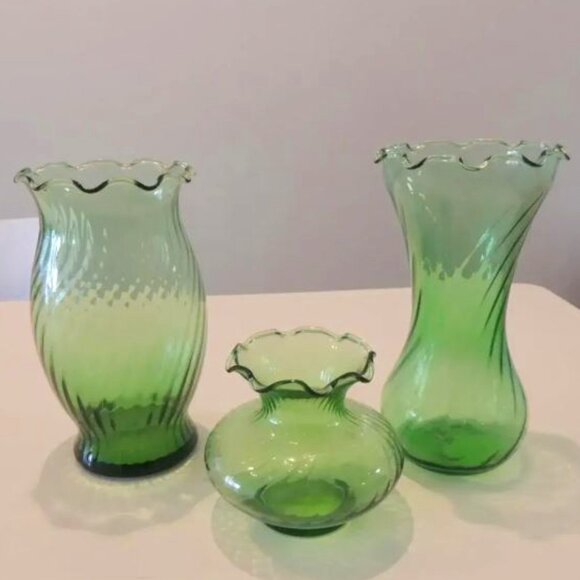 Vintage Green Bohemian Glass Vases - Set of 3 - Picture 1 of 3